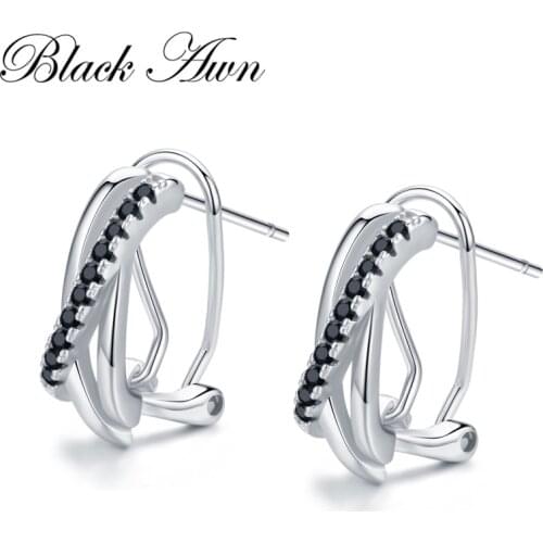 925 Sterling Silver Black Spinel Trendy Engagement Hoop Earrings for Women Fine Jewelry Bijoux Pendientes Mujer Moda I087