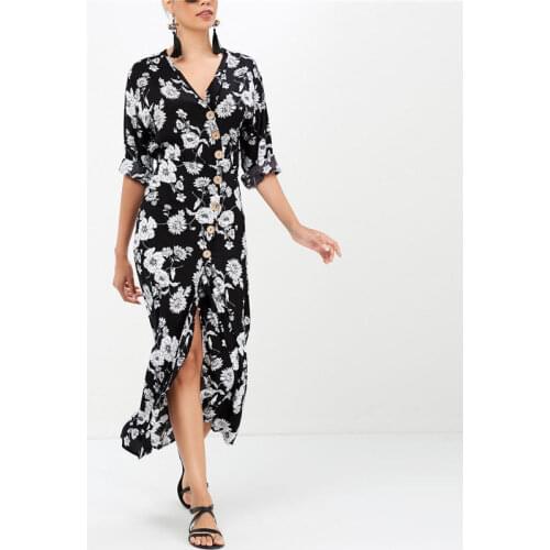 Skrits 2019 New Hot Sale Women Boho Holiday Strappy Floral Button Long Sleeve Maxi Beach Sundress Party Skirts