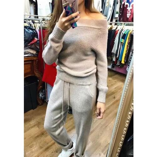 2020 O-neck Limited Knitted Two-piece High-end Fashion Mink Velvet Wool Suit Sleeve Sweater + Trousers Casual Two Sets Of Women