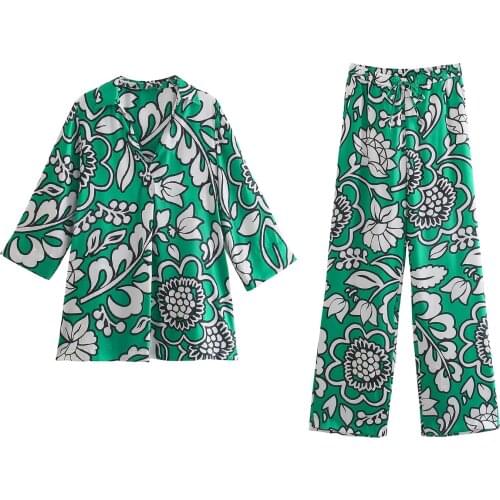 2021 New Summer Women Vintage Two-Piece Set Green Flower Print V-Neck Long Sleeve Shirt High Waist Casual Trousers Pants Sets