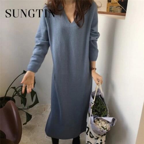 Sungtin Loose Woman Long Sweater Dress Autumn Korean Knitted Oversized Dress Sweater Women Casual V Neck Elegant Basic Vestidos
