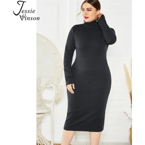 Jessie Vinson Turtleneck Long Sleeve Solid Plus Size Knitted Sweater Dress Women Sexy Bandage Bodycon Midi Dresses Winter 2019