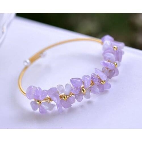 2021 New Women Natural Stone Amethysts Bracelet Layers Beaded Purple Crystal Flower Charm Bangle Jewelry