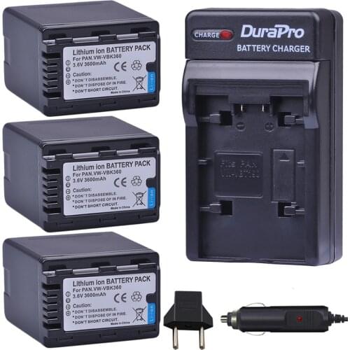 3PC VW-VBK360 VW VBK360 Camera Battery + Car Charger for Panasonic HDC-HS80 SD40 SD60 SD80 SDX1 SDR-H100 H85 H95 HS60 HS80 TM60