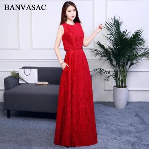 BANVASAC 2018 O Neck Lace Embroidery A Line Long Evening Dresses Elegant Party Sleeveless Backless Prom Gowns