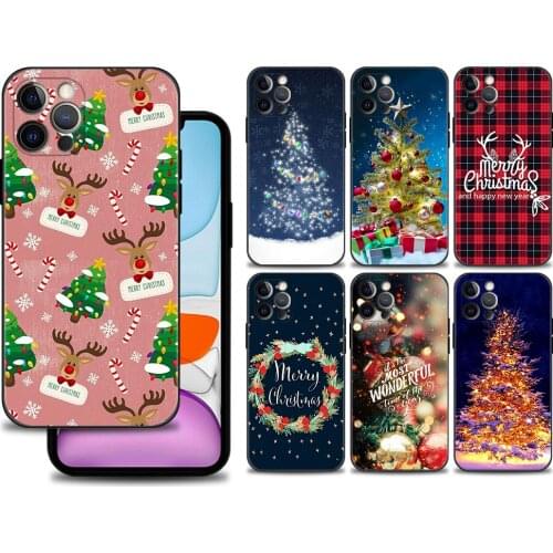 Case For iphone 12 11 pro max 12 mini xs max XR X 8 7 6S 6 Plus SE Black Shell Fundas Capa Cover Merry Christmas Tree SnowFlakes