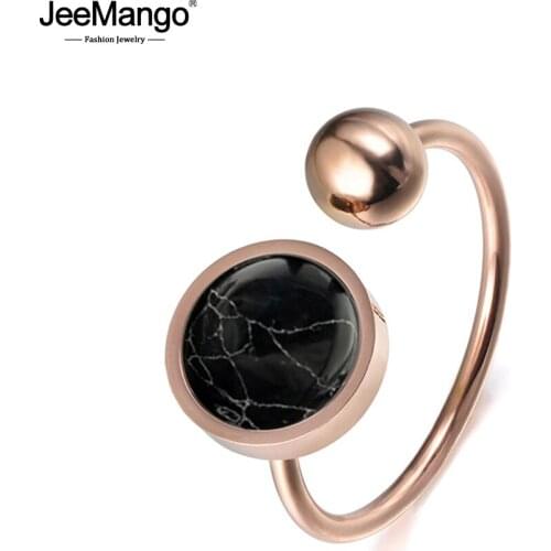 JeeMango Trendy Round Shape White Magnesite Rose Gold Color Titanium Steel Anniversary Rings For Women Anillos Mujer JR17054