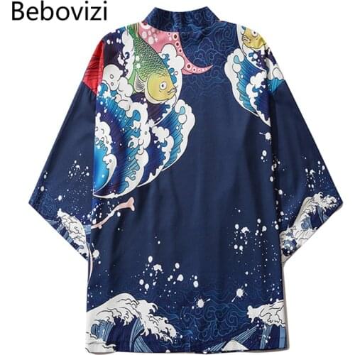 Carp Print Kimono Cardigan Men Japanese Obi Male Yukata Mens Haori Japanese Samurai Clothing Traditional Japanese Clothing