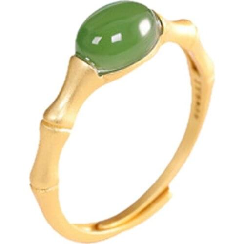 BOCAI Real s925 Silver Gold-plated Natural Hetian Jade Jasper Bamboo Ring for Woman Fashionable and Simple Womens Open Ring