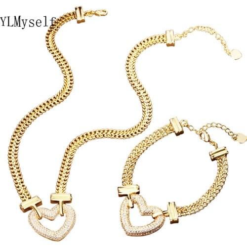 Brass Necklace+Bracelet 2pcs Set Big Heart Pendant Shiny Zircon With 6 mm Thickness Chain Hip Hop Rock Jewelry Sets For Women