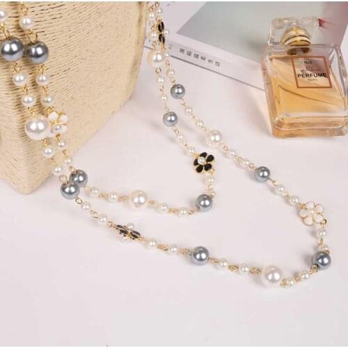 Korean double layerd sweater long chain pearl Camellia necklace Rose Flower pendant jewelry for women party