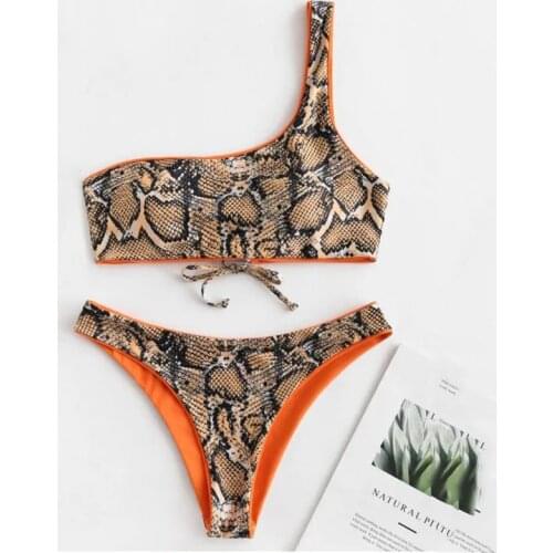 Bikini 2020 One Shoulder Swimsuit Female Solid Reversible Bottom Low-waist Bikinis Set Leopard Bikini Beachwear Swimwear Women