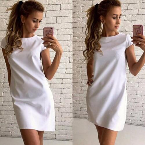 Summer Beach Casual Dress Loose Mini Short A-line Dresses Women Female Short Sleeve Polyester Candy Color S-XXL Above Knee, Mini
