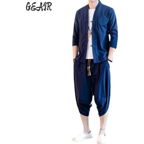 Mens Big Size Cotton Short-sleeved T-shirt Bloomers Set Mens Clothing Retro Oversized Luxury Embroidered Tai Chi SweatSuit Men