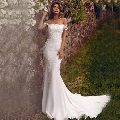 Sexy Wedding Dresses Jersey Pleat Appliques Square Collar Off-Shoulder Lace Up Mermaid Bridal Gowns Novia Do 2021