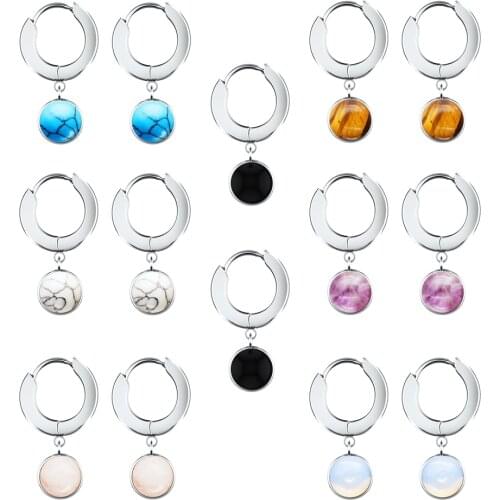 Semi Precious Natural Stone Ear Studs Women Dangled Pendant Earrings Steel Circle Hoop Ear Piercing Body Jewelry Opal Tiger Eye