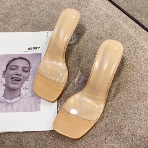 WEIBATE Plus Size 35-42 PVC Transparent Band Square Open Toe Slippers New Clear Crystal Glass Heel Slides Shoes Size 35-42