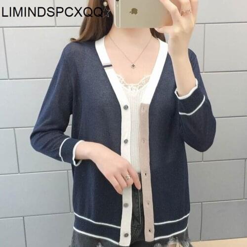 Thin Lightweight Knitted Women Sweater Cardigan Tops V-neck Striped Loose Casual Female Outwear Short Coat 2021 Fashion Spring