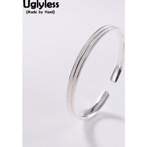 Uglyless LESS is MORE Frosted Lines Bangles for Women Solid 99.9% Full Silver Fine Jewelry Simple Adjustable Bangles Bracelets