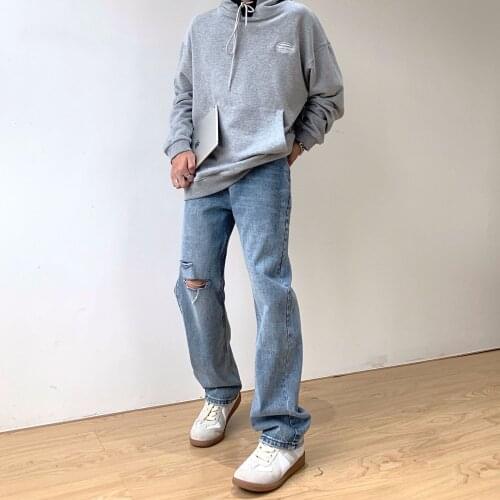 High Quality Cut Denim Mens Ripped Baggy Jeans Korean Style Straight Loose Dad Ripped Trousers Holes Cotton Male Denim Jeans