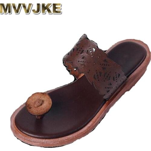 MVVJKE 2019 Summer Genuine Leather Womens Sandals literary retro Flip Flops For Women Women Beach Slippers