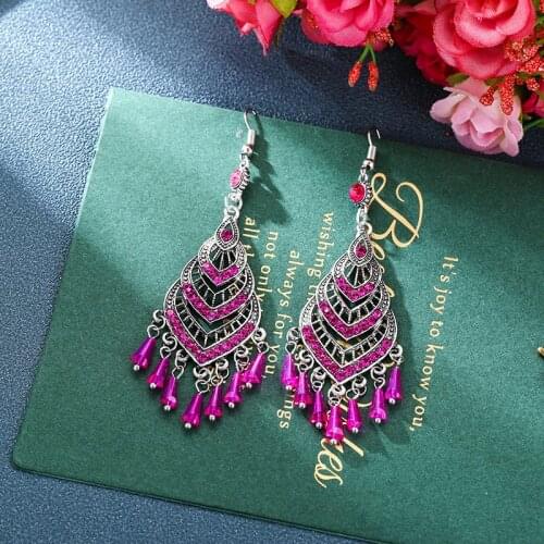 Retro Rose Red Beads Tassel Ladies Earrings Summer Bohemia Womens Vintage Alloy Wedding Earrings Bijoux