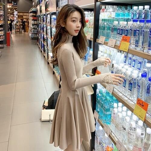 Office Lady A-line Patchwork Lace Mini Regular Natural Turtleneck Autumn Winter Spring Sweater Dress Women Vestido De Festa