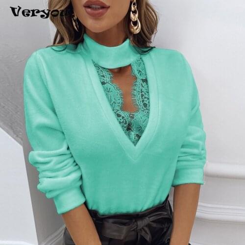 2021 Spring Sexy Women Shirt Fashion Lace Patchwork Hollow V-Neck Lady Tops Casual Solid Color Long Sleeve Slim Blouse Pullover