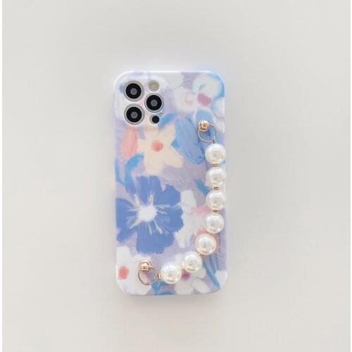 Flower Pattern Pearl Wrist Chain Case for iPhone 12 Pro Max Back Phone Cover for 12 Mini 11 Pro Max X XS XR 8 7 Plus SE 2020