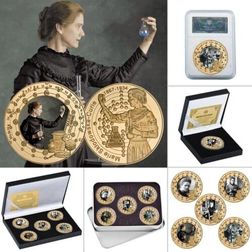 Physicist Chemist Marie Curie Gold Commemorative Coins Set with Coin Holder Collectible Challenge Coin Educational Gift for Kids