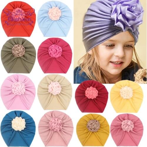 Nishine Baby Girls Cotton Turban Hats Children Solid Color Flower Cap Infant Headwear Accessories Newborn Photography Props