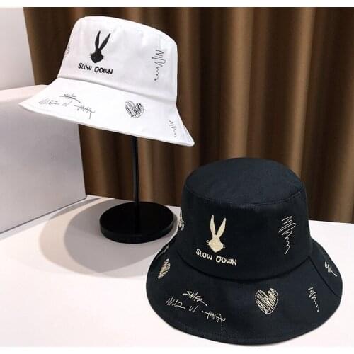 New Lovely Embroidery Rabbit Pattern Bucket Hat Caps Hip Hop Men Women Summer Panama Cap Beach Sun Fishing Cap Lover Gift