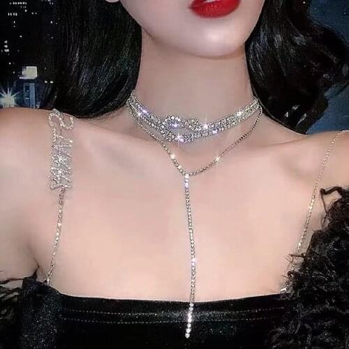 Sweet Sparkly Rhinestone Knotted Choker Necklace for Women Lady Silver Color Bling Bling Multi Layers Long Tassel Necklaces