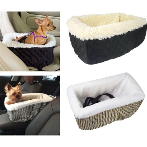 Portable Dog Car Carrier Safety Puppy Pet Booster Seat Plush Mat Crate for SUV Van Truck Flip-top Armrest Box Easy to Clean Nest