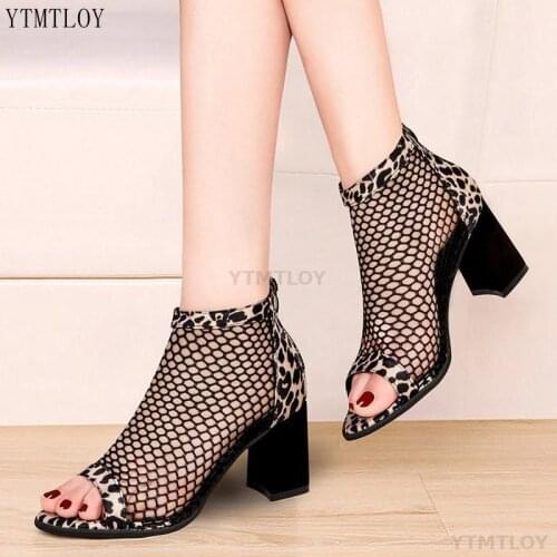 Popular Design Summer Mesh Style Leopard Sandals Western Peep Toe Ankle Boots For Women Sandalia Plataforma Zapatos De Mujer