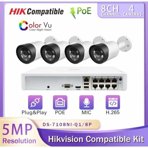 Hikvision Compatible Kits DS-7108NI-Q1/8P 8CH 8POE NVR 5MP Full-Color IP Bullet Camera Night Vision Built-in Mic IP66 Plug Play