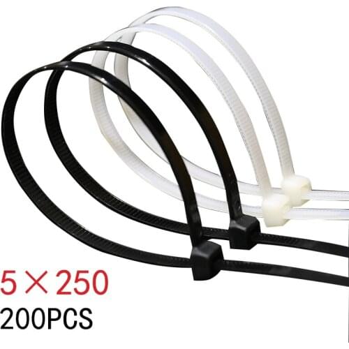 Self-locking plastic nylon tie 200 PCS black white 5X250 cable tie fastening ring cable tie zip wraps strap nylon cable tie set