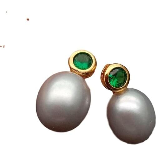 YYGEM Green Cubic Zirconia Pave gold filled natural Cultured Gray Rice Freshwater Pearl Stud Earrings luxury for women