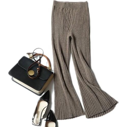 100% Cashmere Straight Pants Women Mid Elastic Waist 3 Colors Ankle-length Length Casual Pants Simple Design 2018 New Fashion