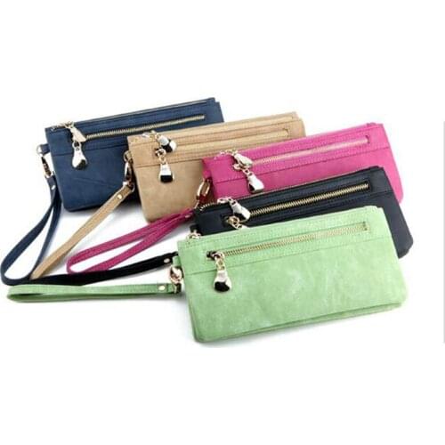 Women Wallets Double Zipper Day Clutch Wristlet Portefeuille Billetera Mujer Dull Polish Leather Wallets Carteira