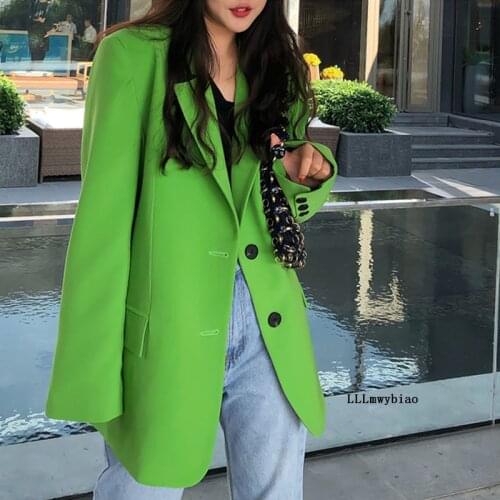 2020 New Winter Autumn Women Green Jacket Solid Single-breasted Long Sleeve Office Blazer Loose fashion Casual Female Coat Z418