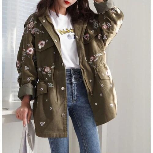 High quality Chaquetas mujer Autumn Vintage Flower Embroidery Womens Tooling Trench Plus size Fashion Casual Windbreaker coat