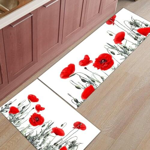 2Pcs/Set Poppy With Red Flowers Long Kitchen Mat Bath Carpet Floor Mat Home Entrance Doormat Bedroom Living Room Floor Mats Rug