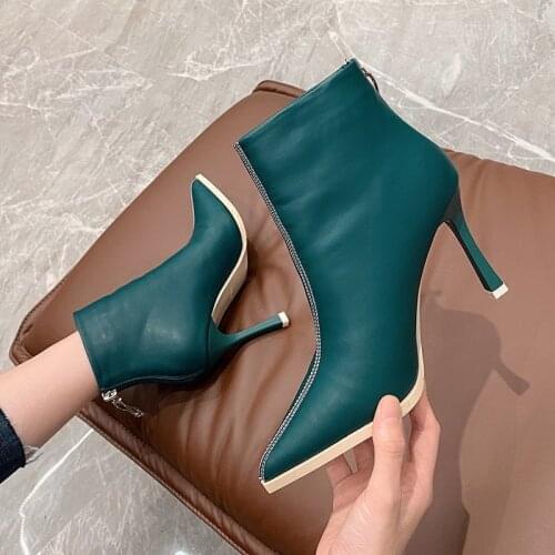 2021 Fashion Short Boots Woman,High Heeled Ankle Boot,Women Autumn Shoes,Pointed toe,Female Footware,Back Zipper,Black Green