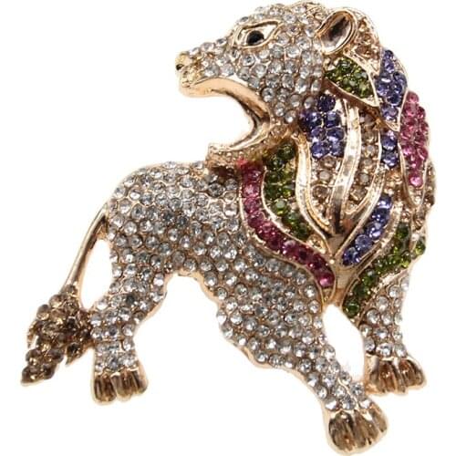 50pcs/lot Multicolor Rhinestone Gold-Tone Roaring Lion Brooch Pin Crystal Animal Brooch Pin