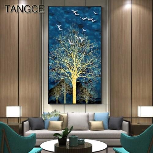 Abstract Golden Tree Painting Blue Night Starlight Posters Big Size Wall Art Picture for Living Room Aisle Nordic Print Tableaux