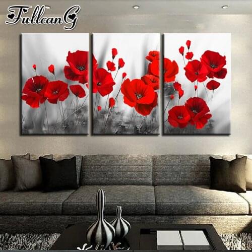 FULLCANG 5d diy diamond embroidery sale red flowers diamond painting triptych full square round drill poppy flower decor FC2021
