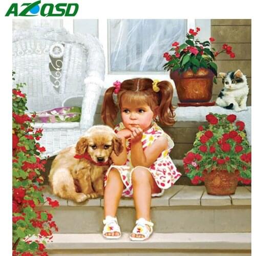 AZQSD Diamond Painting Little Girl Dog 5D Diamond Embroidery Mosaic Full Drill Picture Of Rhinestones Pictures Home Decors