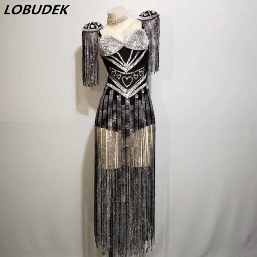 Sparkly Black Rhinestones Epaulet Bodysuit Sexy Crystals Tassels Stage Outfit Clubs Bar Singer Dancer Show Group Dance Costume