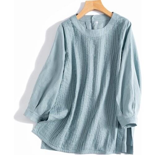 French guo linen comfortable 52-way wrinkle organ pleated side split long shirt 0910